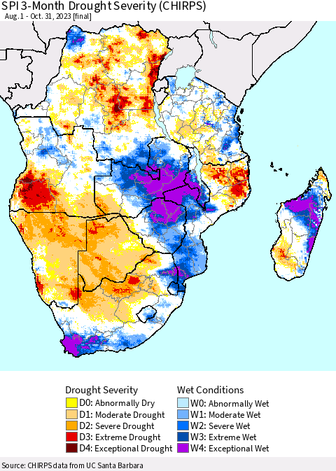 Southern Africa SPI 3-Month Drought Severity (CHIRPS) Thematic Map For 8/1/2023 - 10/31/2023