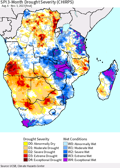 Southern Africa SPI 3-Month Drought Severity (CHIRPS) Thematic Map For 8/6/2023 - 11/5/2023