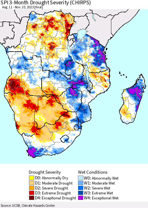 Southern Africa SPI 3-Month Drought Severity (CHIRPS) Thematic Map For 8/11/2023 - 11/10/2023