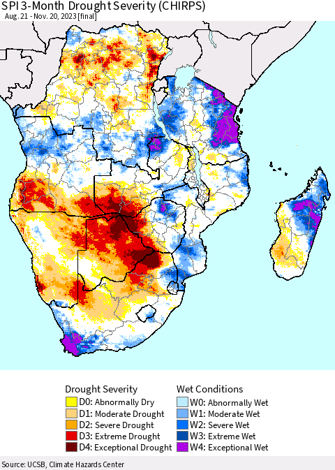 Southern Africa SPI 3-Month Drought Severity (CHIRPS) Thematic Map For 8/21/2023 - 11/20/2023