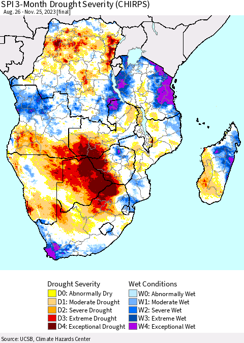 Southern Africa SPI 3-Month Drought Severity (CHIRPS) Thematic Map For 8/26/2023 - 11/25/2023