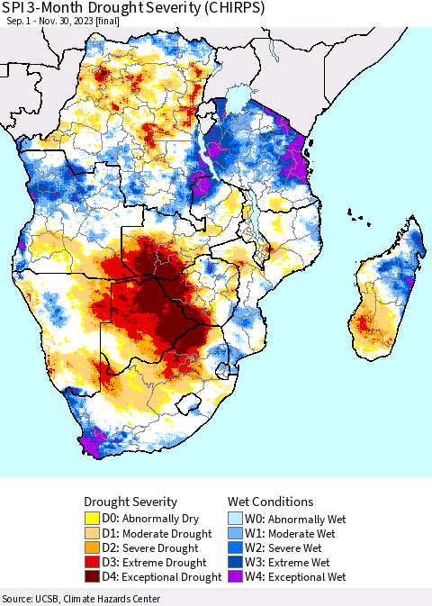 Southern Africa SPI 3-Month Drought Severity (CHIRPS) Thematic Map For 9/1/2023 - 11/30/2023