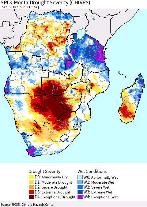 Southern Africa SPI 3-Month Drought Severity (CHIRPS) Thematic Map For 9/6/2023 - 12/5/2023