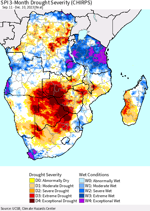 Southern Africa SPI 3-Month Drought Severity (CHIRPS) Thematic Map For 9/11/2023 - 12/10/2023