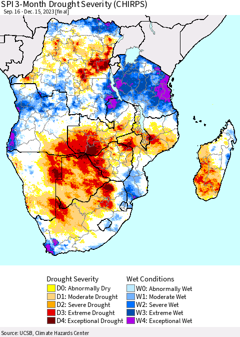 Southern Africa SPI 3-Month Drought Severity (CHIRPS) Thematic Map For 9/16/2023 - 12/15/2023