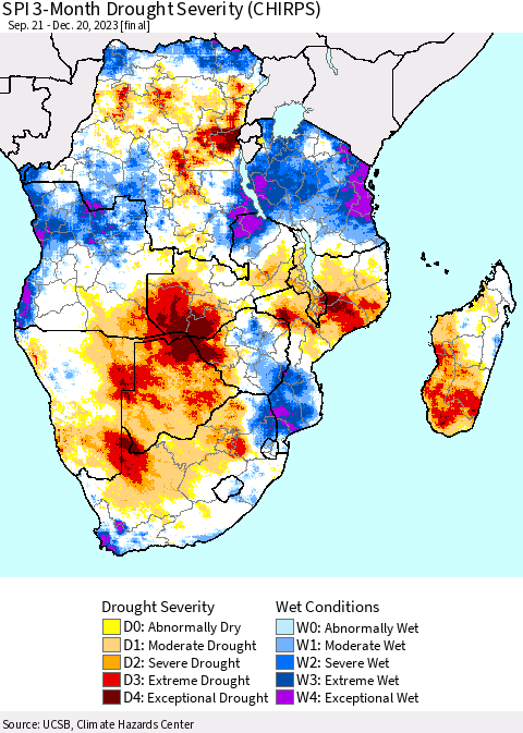 Southern Africa SPI 3-Month Drought Severity (CHIRPS) Thematic Map For 9/21/2023 - 12/20/2023