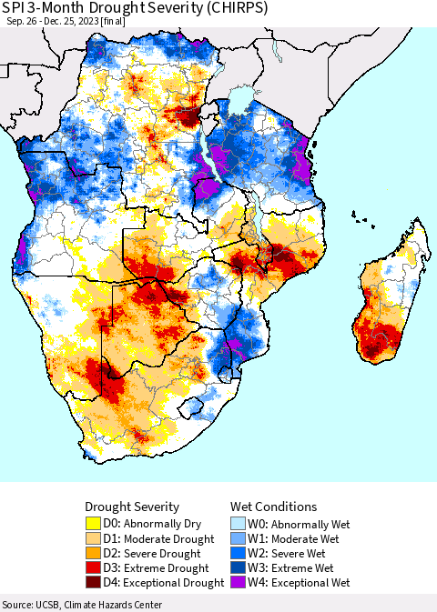 Southern Africa SPI 3-Month Drought Severity (CHIRPS) Thematic Map For 9/26/2023 - 12/25/2023