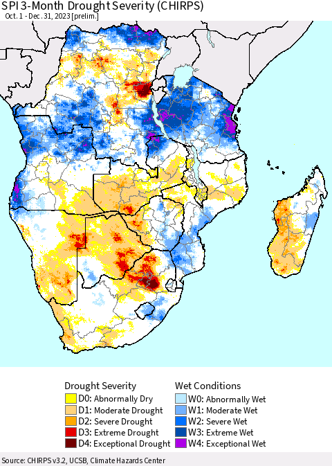 Southern Africa SPI 3-Month Drought Severity (CHIRPS) Thematic Map For 10/1/2023 - 12/31/2023