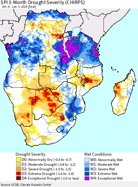 Southern Africa SPI 3-Month Drought Severity (CHIRPS) Thematic Map For 10/6/2023 - 1/5/2024