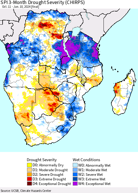 Southern Africa SPI 3-Month Drought Severity (CHIRPS) Thematic Map For 10/11/2023 - 1/10/2024