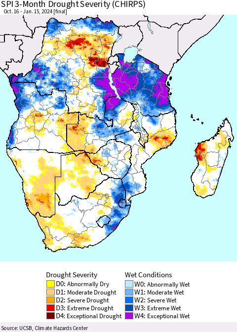 Southern Africa SPI 3-Month Drought Severity (CHIRPS) Thematic Map For 10/16/2023 - 1/15/2024