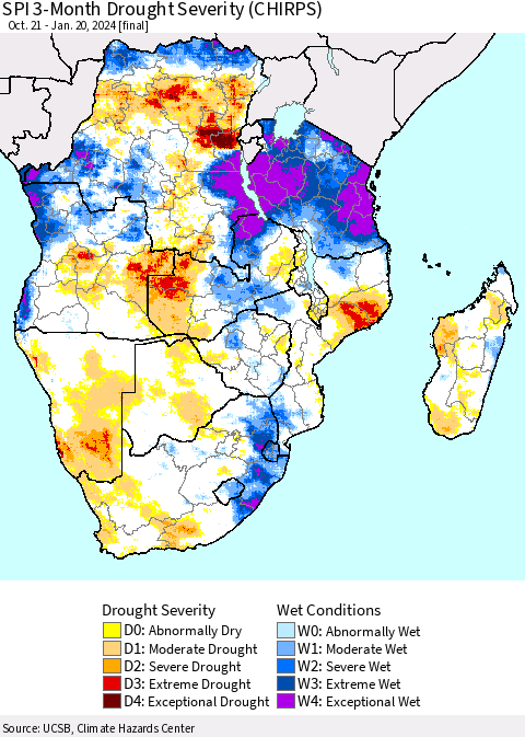Southern Africa SPI 3-Month Drought Severity (CHIRPS) Thematic Map For 10/21/2023 - 1/20/2024