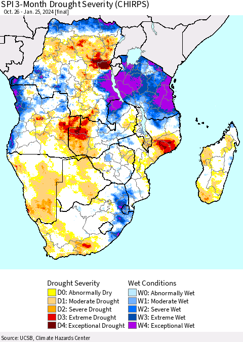 Southern Africa SPI 3-Month Drought Severity (CHIRPS) Thematic Map For 10/26/2023 - 1/25/2024