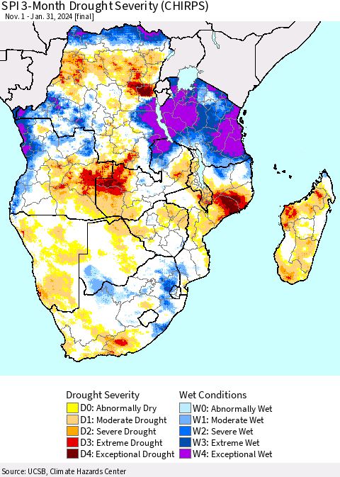 Southern Africa SPI 3-Month Drought Severity (CHIRPS) Thematic Map For 11/1/2023 - 1/31/2024
