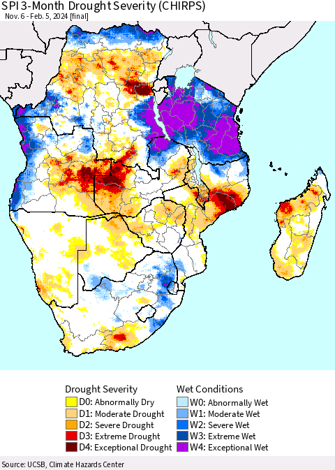 Southern Africa SPI 3-Month Drought Severity (CHIRPS) Thematic Map For 11/6/2023 - 2/5/2024