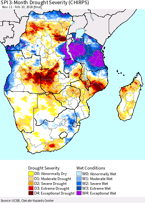Southern Africa SPI 3-Month Drought Severity (CHIRPS) Thematic Map For 11/11/2023 - 2/10/2024