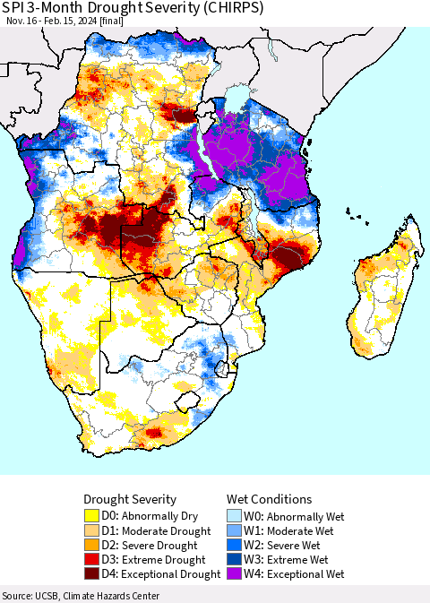 Southern Africa SPI 3-Month Drought Severity (CHIRPS) Thematic Map For 11/16/2023 - 2/15/2024