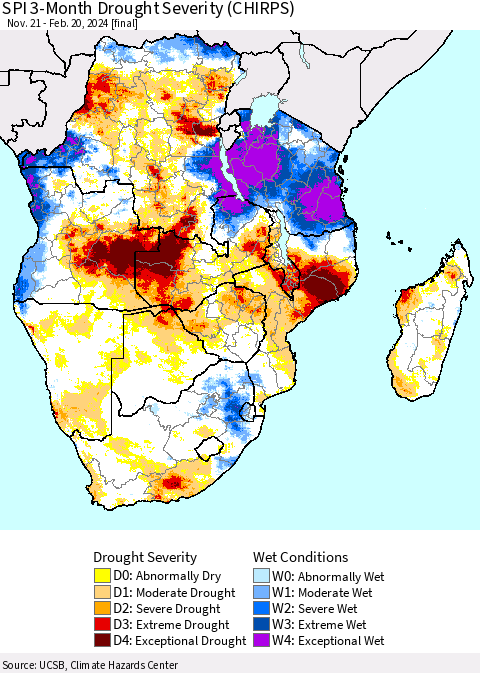 Southern Africa SPI 3-Month Drought Severity (CHIRPS) Thematic Map For 11/21/2023 - 2/20/2024
