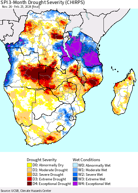 Southern Africa SPI 3-Month Drought Severity (CHIRPS) Thematic Map For 11/26/2023 - 2/25/2024