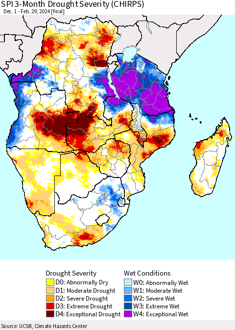 Southern Africa SPI 3-Month Drought Severity (CHIRPS) Thematic Map For 12/1/2023 - 2/29/2024