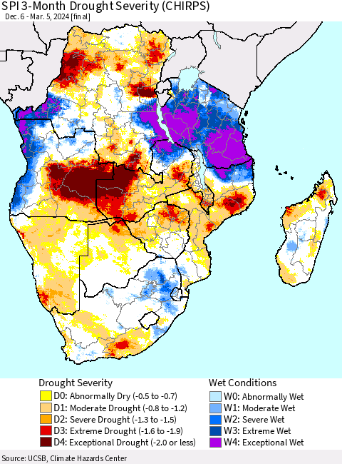 Southern Africa SPI 3-Month Drought Severity (CHIRPS) Thematic Map For 12/6/2023 - 3/5/2024