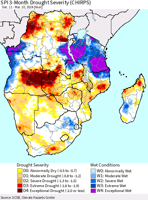 Southern Africa SPI 3-Month Drought Severity (CHIRPS) Thematic Map For 12/11/2023 - 3/10/2024