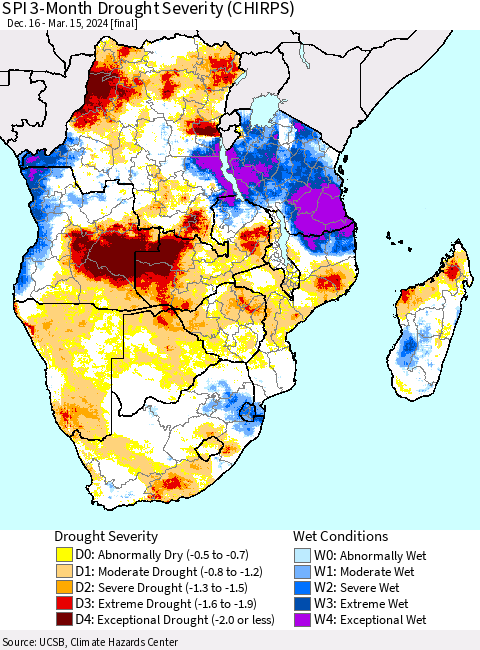Southern Africa SPI 3-Month Drought Severity (CHIRPS) Thematic Map For 12/16/2023 - 3/15/2024
