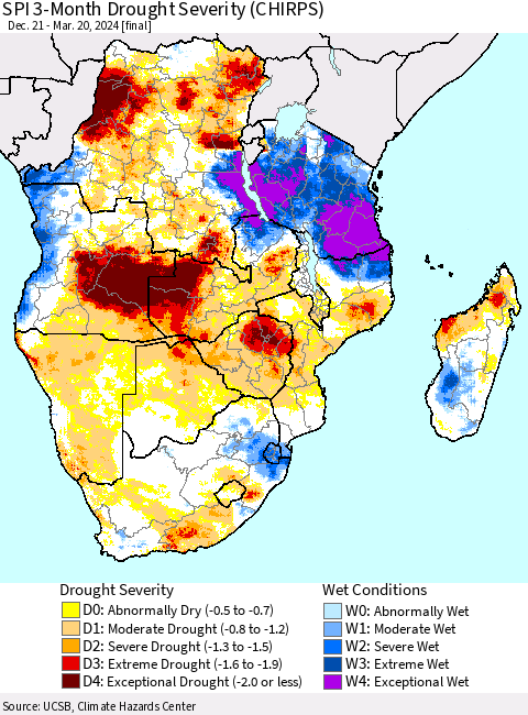 Southern Africa SPI 3-Month Drought Severity (CHIRPS) Thematic Map For 12/21/2023 - 3/20/2024