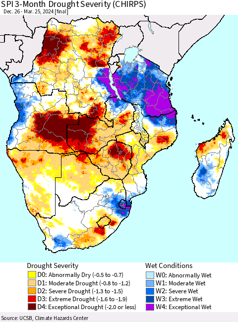 Southern Africa SPI 3-Month Drought Severity (CHIRPS) Thematic Map For 12/26/2023 - 3/25/2024