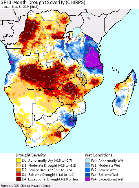 Southern Africa SPI 3-Month Drought Severity (CHIRPS) Thematic Map For 1/1/2024 - 3/31/2024