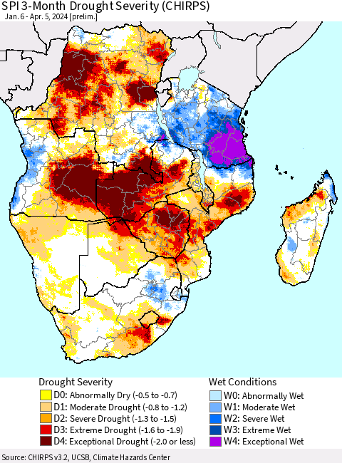 Southern Africa SPI 3-Month Drought Severity (CHIRPS) Thematic Map For 1/6/2024 - 4/5/2024