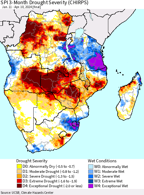 Southern Africa SPI 3-Month Drought Severity (CHIRPS) Thematic Map For 1/11/2024 - 4/10/2024
