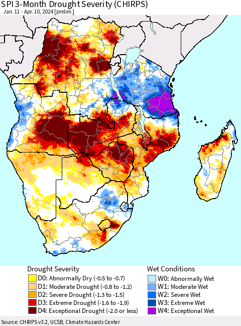 Southern Africa SPI 3-Month Drought Severity (CHIRPS) Thematic Map For 1/11/2024 - 4/10/2024