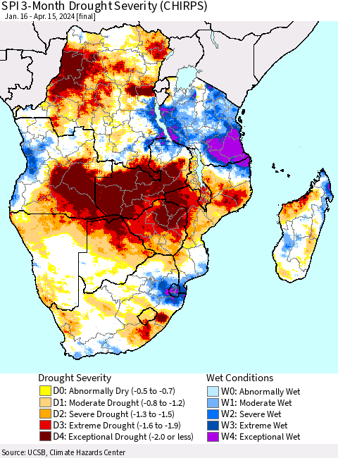 Southern Africa SPI 3-Month Drought Severity (CHIRPS) Thematic Map For 1/16/2024 - 4/15/2024