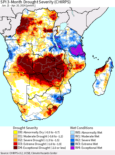 Southern Africa SPI 3-Month Drought Severity (CHIRPS) Thematic Map For 1/21/2024 - 4/20/2024