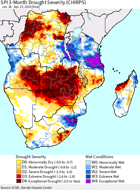 Southern Africa SPI 3-Month Drought Severity (CHIRPS) Thematic Map For 1/26/2024 - 4/25/2024