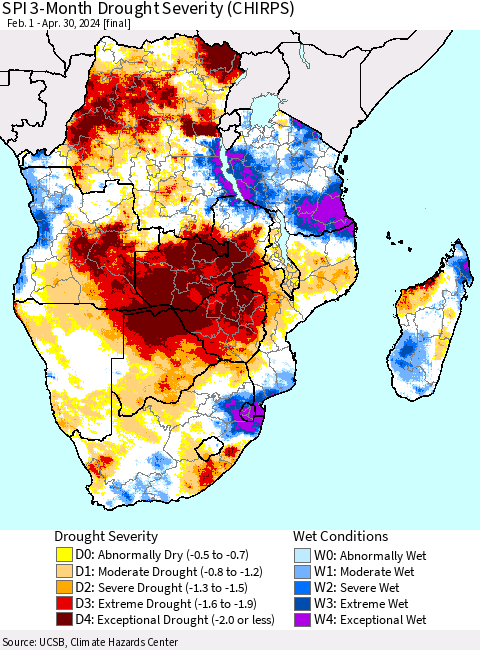 Southern Africa SPI 3-Month Drought Severity (CHIRPS) Thematic Map For 2/1/2024 - 4/30/2024
