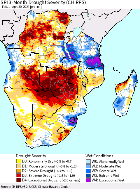 Southern Africa SPI 3-Month Drought Severity (CHIRPS) Thematic Map For 2/1/2024 - 4/30/2024