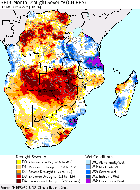 Southern Africa SPI 3-Month Drought Severity (CHIRPS) Thematic Map For 2/6/2024 - 5/5/2024