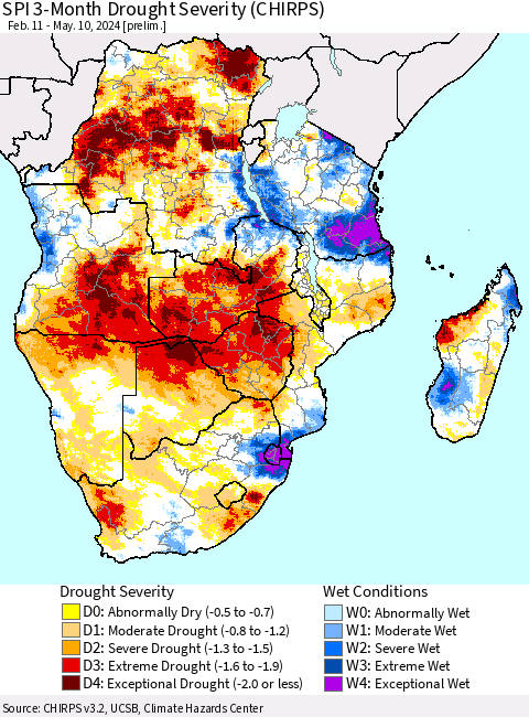 Southern Africa SPI 3-Month Drought Severity (CHIRPS) Thematic Map For 2/11/2024 - 5/10/2024