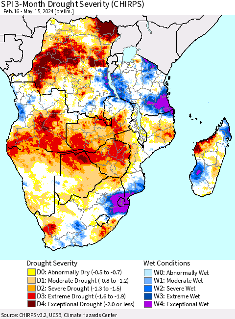 Southern Africa SPI 3-Month Drought Severity (CHIRPS) Thematic Map For 2/16/2024 - 5/15/2024
