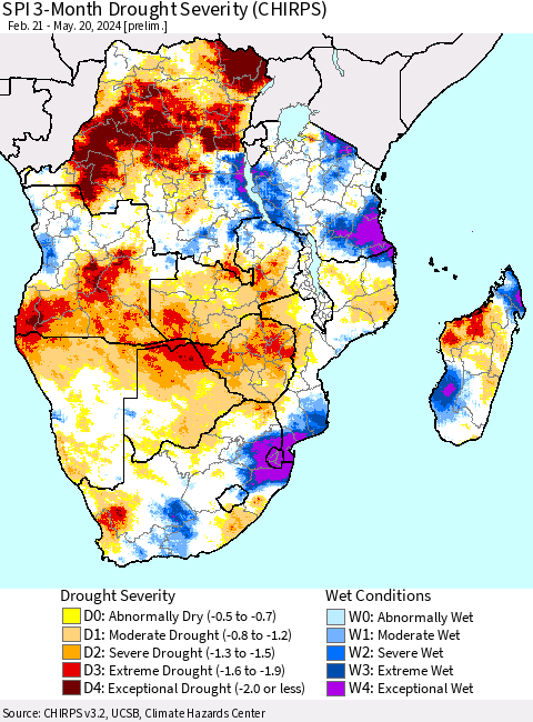 Southern Africa SPI 3-Month Drought Severity (CHIRPS) Thematic Map For 2/21/2024 - 5/20/2024