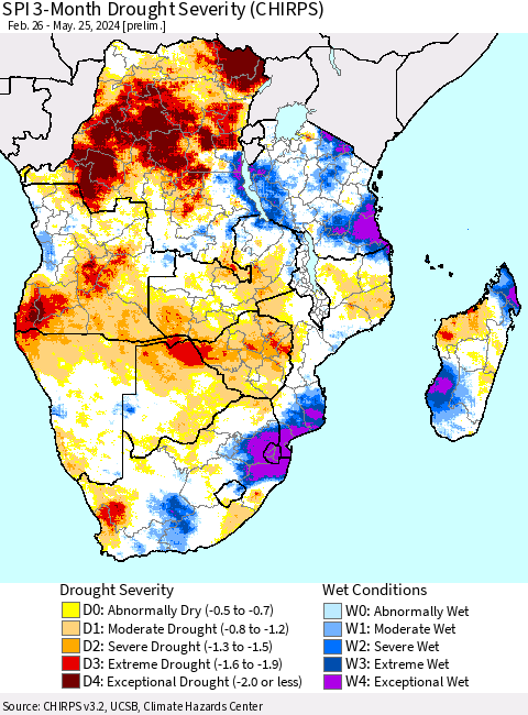 Southern Africa SPI 3-Month Drought Severity (CHIRPS) Thematic Map For 2/26/2024 - 5/25/2024