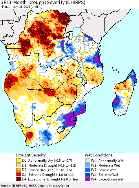 Southern Africa SPI 3-Month Drought Severity (CHIRPS) Thematic Map For 3/1/2024 - 5/31/2024
