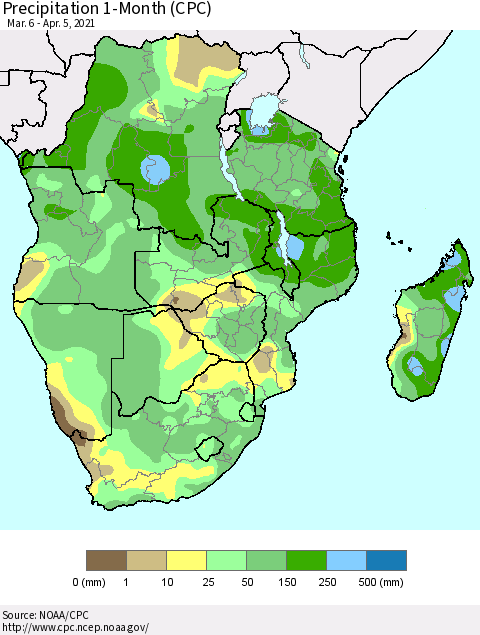 Southern Africa Precipitation 1-Month (CPC) Thematic Map For 3/6/2021 - 4/5/2021