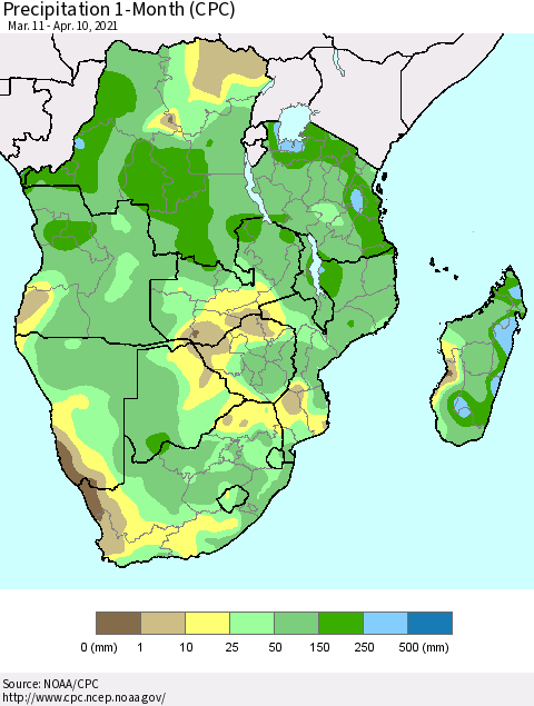 Southern Africa Precipitation 1-Month (CPC) Thematic Map For 3/11/2021 - 4/10/2021