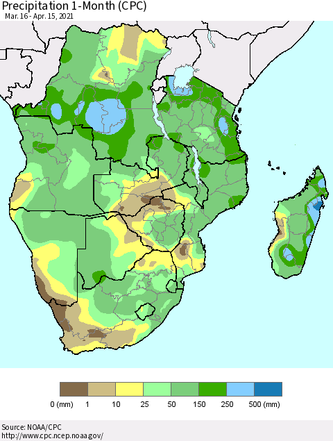 Southern Africa Precipitation 1-Month (CPC) Thematic Map For 3/16/2021 - 4/15/2021