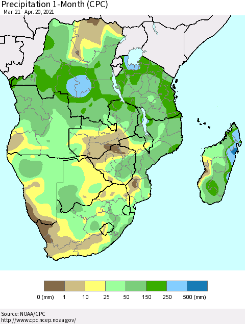 Southern Africa Precipitation 1-Month (CPC) Thematic Map For 3/21/2021 - 4/20/2021