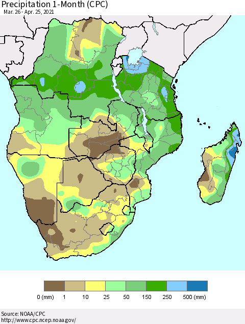 Southern Africa Precipitation 1-Month (CPC) Thematic Map For 3/26/2021 - 4/25/2021