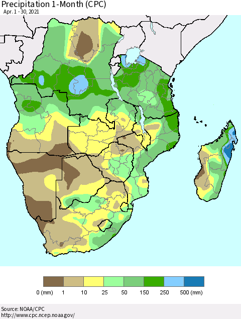 Southern Africa Precipitation 1-Month (CPC) Thematic Map For 4/1/2021 - 4/30/2021